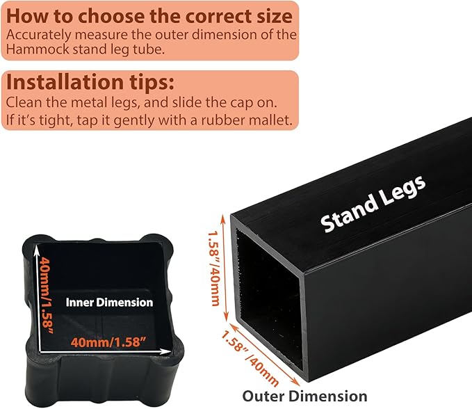 Hammock Stand Feet Caps Replacement - Fits 1.58" (40mm) Square Leg Tubes Durable Plastic End Caps to Protect Metal Hammock Frame, Black (Set of 4)