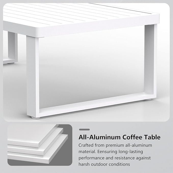 Aluminum Outdoor Patio Coffee Table for Deck and Poolside(White, All-Aluminum)