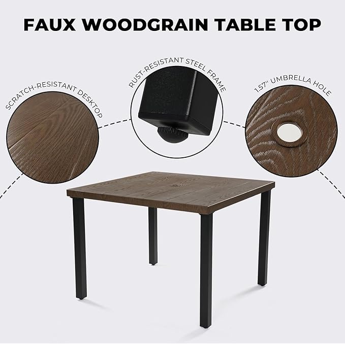 Grand patio 5-Piece Patio Dining Set for 4, E-Coated Outdoor Dining Set Fixed Patio Dining Chairs with Olefin Cushions & 1 Brown Square Faux Woodgrain Dining Table with 1.5”Market Umbrella Hole