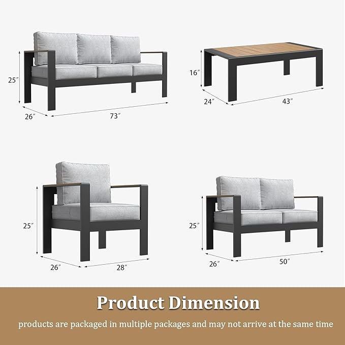 Aluminum Outdoor Patio Furniture Sets, 5 Piece Metal Patio Conversation Sets with Coffee Table with 5 Inch Cushion for Garden Backyard Deck