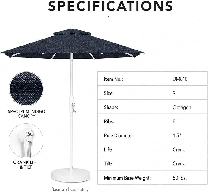 Treasure Garden 9ft Patio Umbrella - Outdoor Furniture Market Umbrella – Deluxe Auto-Tilt – White Aluminum Frame (Sunbrella, Spectrum Indigo)
