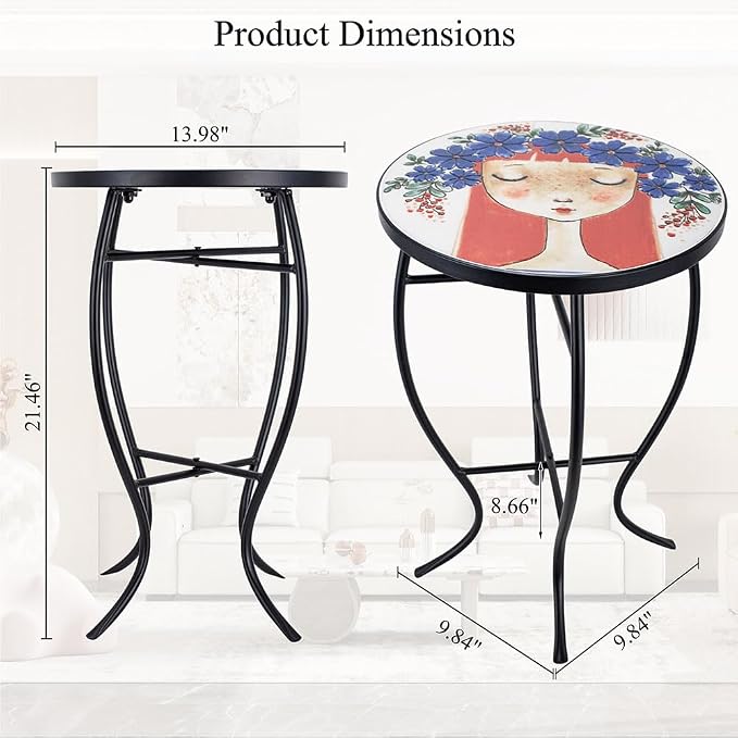 14 Inch Mosaic Patio Side Table with X-Curved Legs, Indoor Outdoor Accent Round End Table with Ceramic Tile Tops for Yard, Garden, Living Room, Bistro, C - Red Hair Girl