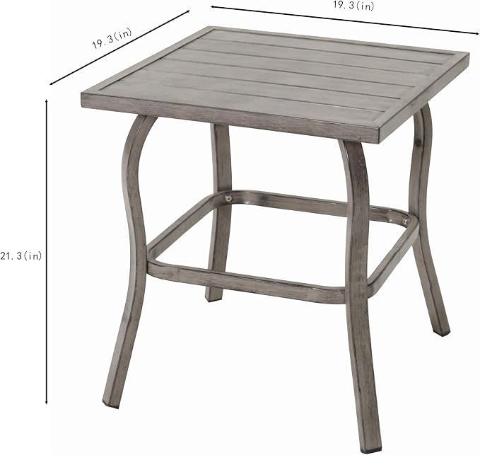 Side Coffee End Accent Patio Garden Outdoor Indoor Iron Square Metal Table, Powder Coated Finish, Painted Slatted Top, Curved Legs, Living Room Bedroom Balcony Entryway Furniture Decor (Grey)