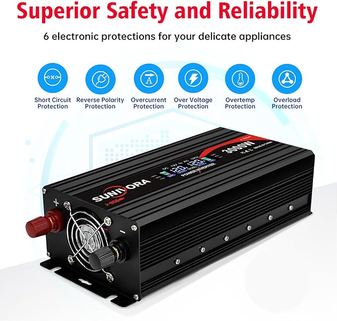 3000 Watt Power Inverter 12V DC to 110V/120V AC Converter 6000W Peak with LCD Display, 3 AC Outlets & 2 USB Ports Power Inverters for Vehicles Car Truck Boat RV Camping Solar System EPS