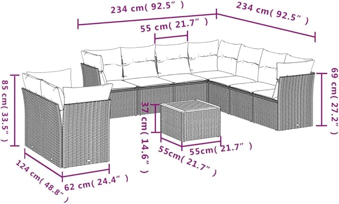vidaXL Patio Sofa Set with Cushions 10 Piece, Outdoor Conversation Set, Patio Furniture Set for Balcony Garden, Modern Style, Gray Poly Rattan