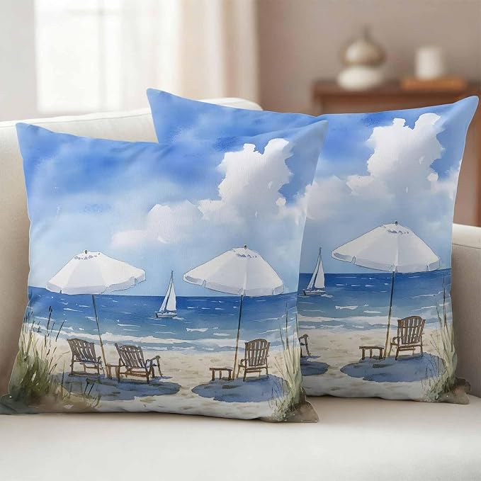Watercolor Summer Beach Outdoor Waterproof Throw Pillow Covers Set of 2, 24"x24", Sun Umbrella Beach Chair Decorative Pillow Covers Outside Cushion Case for Patio Porch Garden