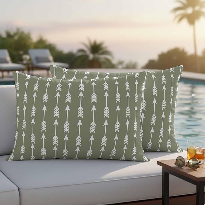 Arrow Outdoor Pillow Covers 20"x12" Set of 2, Abstract Rustic Western Tribal Geometric Arrow Sage Green Waterproof Throw Pillow Covers for Patio Furniture, Decorative Cushion Covers for Porch
