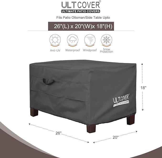 ULTCOVER Waterproof Patio Ottoman Cover Rectangular Outdoor Side Table Furniture Covers Size 26L x 20W x 18H inch, Black