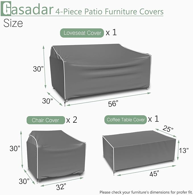 Gasadar Patio Furniture Covers, 4-Piece Outdoor Furniture Cover Waterproof for Patio Loveseat, Chair and Coffee Table, 500D Heavy Duty, Grey