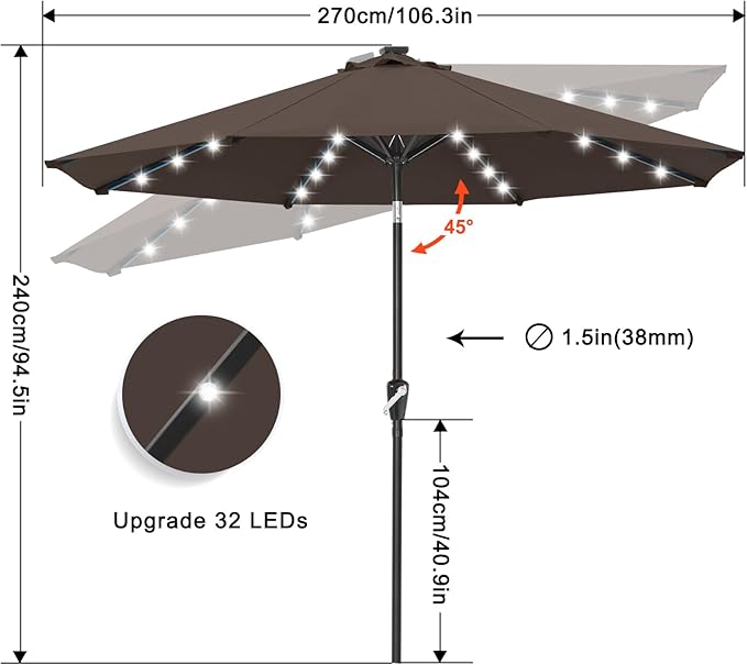 ABCCANOPY Durable Solar Led Patio Umbrellas with 32LED Lights 9FT (Brown)