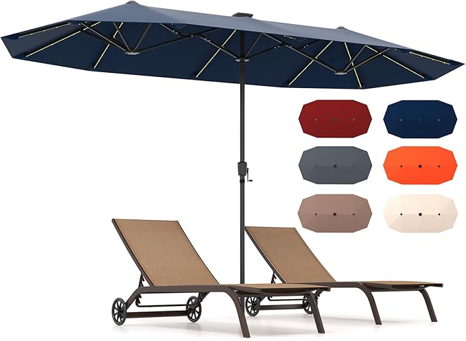 HAPPYGRILL 13 FT Double-sided Patio Umbrella with Solar Lights, Crank Handle & 12 Heavy-Duty Ribs, Outdoor Twin Size Oversized Rectangle Market Umbrella for Garden Deck Poolside
