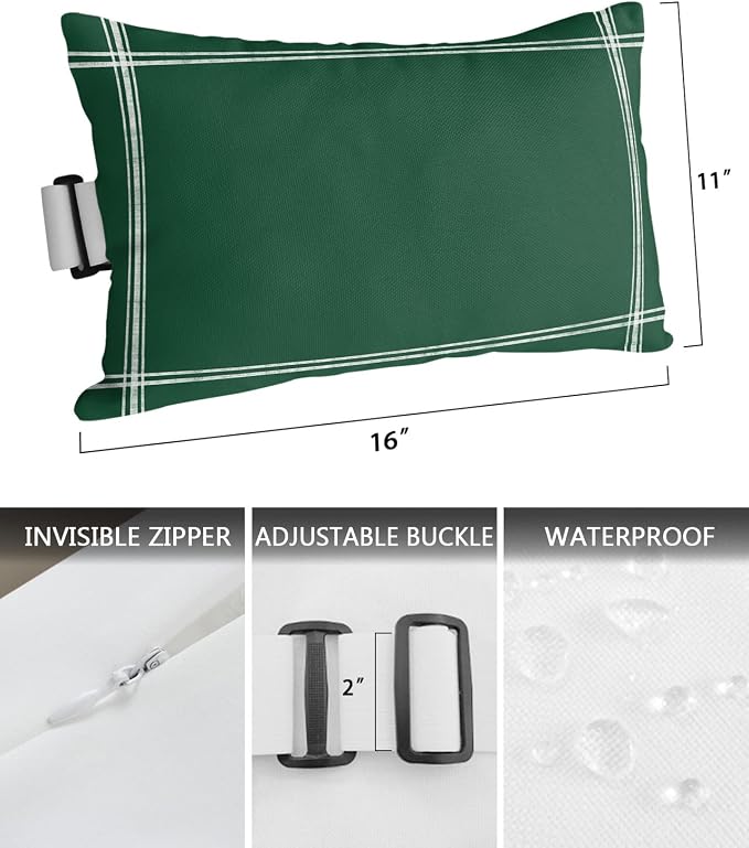 Outdoor Pillows Covers with Inserts Solid Color Sea Green Waterproof Recliner Pillow with Adjustable Strap Throw Pillows for Patio Furniture Pool Lounge Chair, 11x16 inch, 1PCS