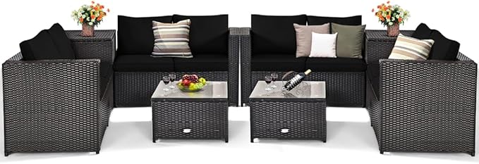 Tangkula 8 Piece Wicker Patio Set with Storage, All Weather-Proof Outdoor Conversation Set with Loveseat, Glass Top Coffee Table & Storage Box, Suitable for Garden, Poolside, Sunroom (2, Black)