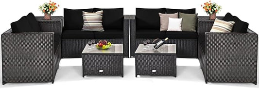 Tangkula 8 Piece Wicker Patio Set with Storage, All Weather-Proof Outdoor Conversation Set with Loveseat, Glass Top Coffee Table & Storage Box, Suitable for Garden, Poolside, Sunroom (2, Black)