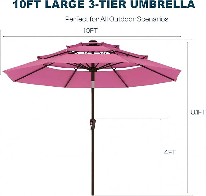 10ft Patio Umbrella, 3 Tier Outdoor Market Table Umbrellas with 8 Fiberglass Ribs and Push Button Tilt, Windproof, Vented Canopy, UV Protection for Deck, Pool, Backyard