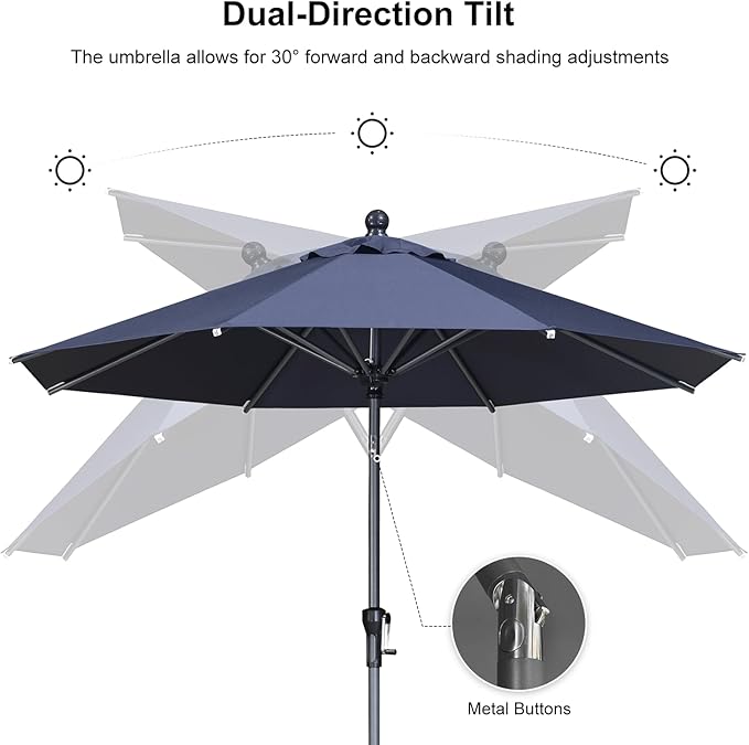 PURPLE LEAF 8' Round Patio Umbrella Outdoor Table Umbrella Aluminum Frame Market Umbrella Sun Umbrella with 8 Sturdy Ribs Tilt for Garden Deck Lawn Pool Navy Blue
