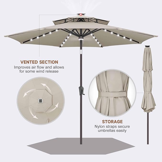 Jarka&Co 9ft Solar Patio Umbrella - 2 Tiers Solar Outdoor Umbrella with 40 LED Lights Waterprool UV Protection, Market Table Umbrella with Tilt for Backyard, Garden, Pool, Porch (Taupe)