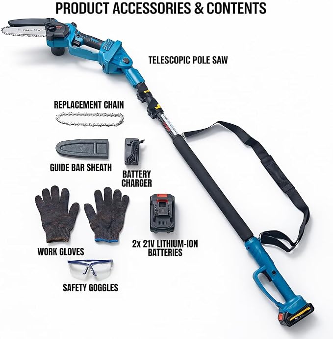 6 Inch Mini Chainsaw Cordless with Extension Pole, Portable Electric Pole Chainsaw with 2 Batteries and 2 Chains, Detachable Pole Handheld Chainsaw for Tree Trimming, Wood Cutting