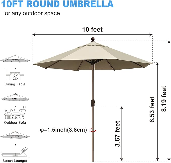 Eurmax USA 10-Year-Non-Fading 10FT Outdoor Patio Market Umbrella,UPF50+ UV Resistant Sun Shade,Heavy Duty Commercial Grade,Crank Lift Design,Windproof Vented Top for Garden,Pool,Deck,Antique Beige