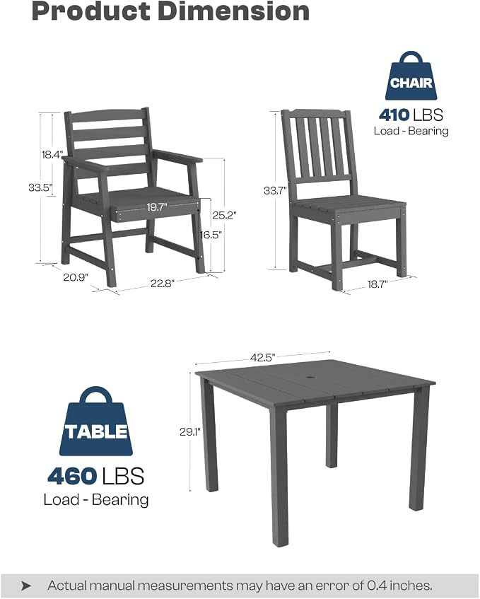 HDPE Outdoor Dining Set for 4, Square Table and Chairs, Grey | All-Weather HDPE, Wood Grain Finish, 42.5" Square Table, Built-In Umbrella Hole, Seats 4, Patio & Poolside Ready