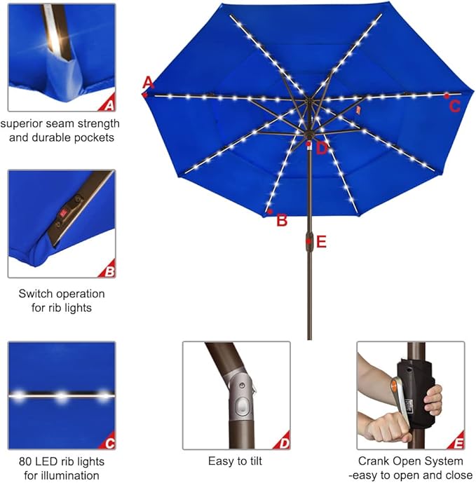 EliteShade USA 10-Year-Non-Fading 9ft 3-Tier Market Patio Umbrella, Commercial Table Umbrella with 80 Solar LED Lights, Crank Open, Windproof & UPF 50+ UV Protection for Garden, Deck, Pool, Backyard, Royal Blue