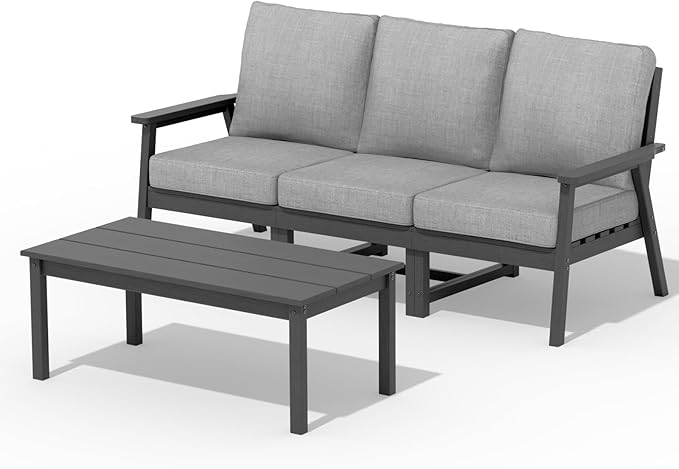 LOUNZY HDPE Outdoor Furinture Set, 4 Piece Sectional Sofa Outdoor Furniture Set, All Weather Outdoor Couch Set Patio Furniture Set for Deck, Lawn, Grey