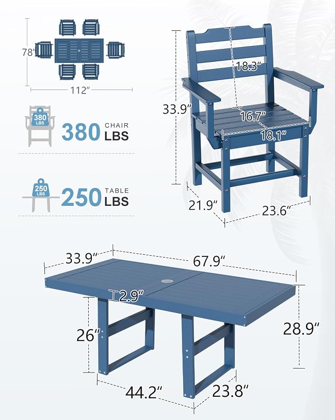 WACASA 12-Piece HDPE Outdoor Dining Set for 10, Weatherproof Poly Lumber Patio Set, Steel-Reinforced Dining Table and Chairs with Umbrella Hole, Blue