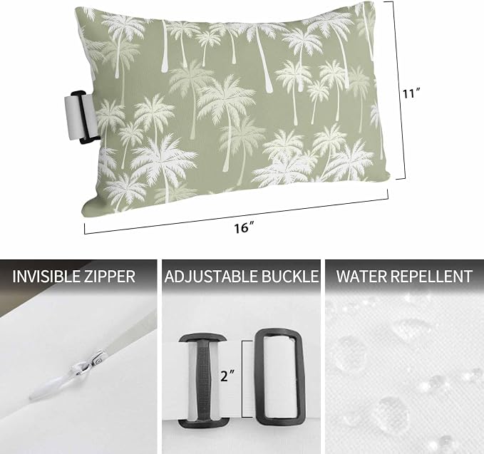 Tropical Palm Tree Outdoor Pillows for Chaise Lounge Chair Beach Headrest Pillow Set of 2 Waterproof Lumbar Pillows with Insert&Strap Sage Green Plants Coastal Leaf Beach Pool Pillow 11"x16"