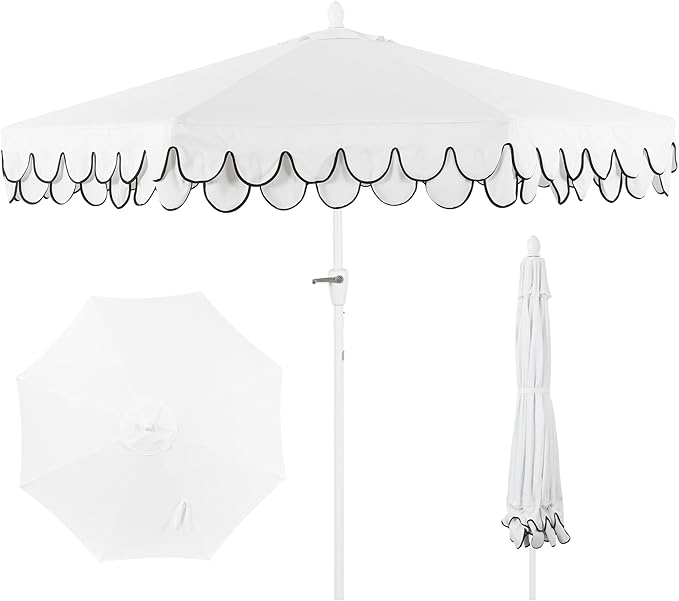 JONATHAN Y Tracy 9 ft. Outdoor Patio Umbrella with Scalloped Edge, Coastal Market Table Umbrella with Crank Lift and Tilt, 8 Sturdy Ribs UV Resistant for Pool, White, White Pole UMB1002D