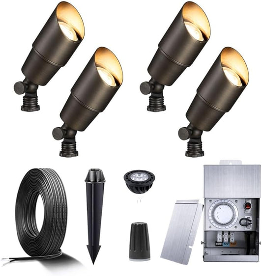 Gardenreet Brass Landscape Lighting Kit (4-Pack LED Spotlights) with Low Voltage Transformer 75W and Mechanical Timer and 100FT Cable and 20Pack Wire Connectors for Outdoor Garden Patio