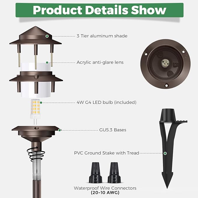 Gardencoin Pagoda Low Voltage Landscape Pathway Lights, 12V Outdoor LED Path Lights Wired, Aluminum Walkway Lighting with 4W 2700K Replaceable G4 Bulb, Bronze Classic 3-Tier Lantern, 6 Pack