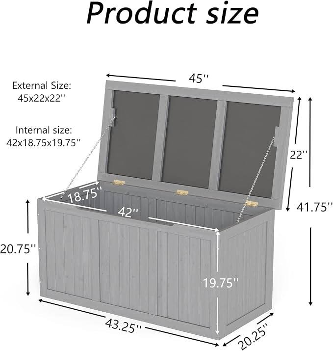Domesto 112 Gallon Extra-Large Outdoor Deck Box, Solid Wood Storage Box Seat & Table Top, For Patio Cushions, Pool, Garden Tools (Grey, 67 Gallon)