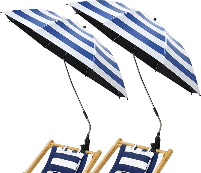 2 Pcs Beach Umbrella with Clamp UV Protection 48 Inch Adjustable Umbrellas for Chair with 360° Universal Clamps for Beach Camping Stroller Wheelchair, Chair Not Included(Blue Stripes)