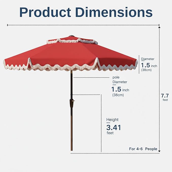 9FT Patio Umbrella with Fringe,Tassel Umbrella with Push-Button Tilt | UPF 50+ & Rust-Resistant Fiberglass Frame for Patio, Pool,Garden,Yard(Red)