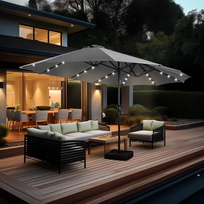 GREEN PARTY 15 ft Large Outdoor Patio Umbrella with Solar Led Lights & Base Included, Double-Sided Rectangular Table Umbrella with Stand, Market Umbrellas for Deck Poolside Garden Backyard, Smoky Gray