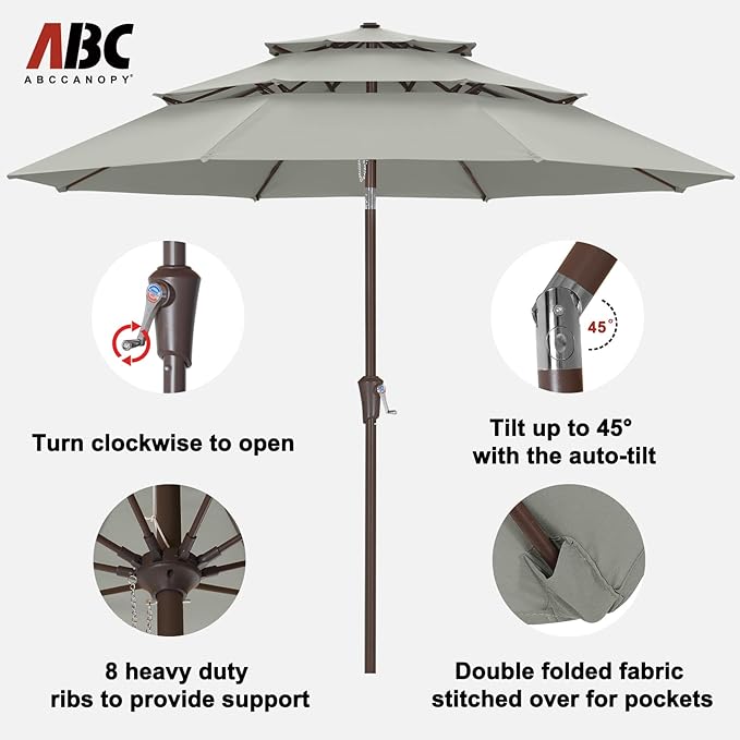 ABCCANOPY 11Ft 3 Tiers Market Umbrella, Outdoor Table Umbrella for Patio, Deck, Backyard (Light Gray)