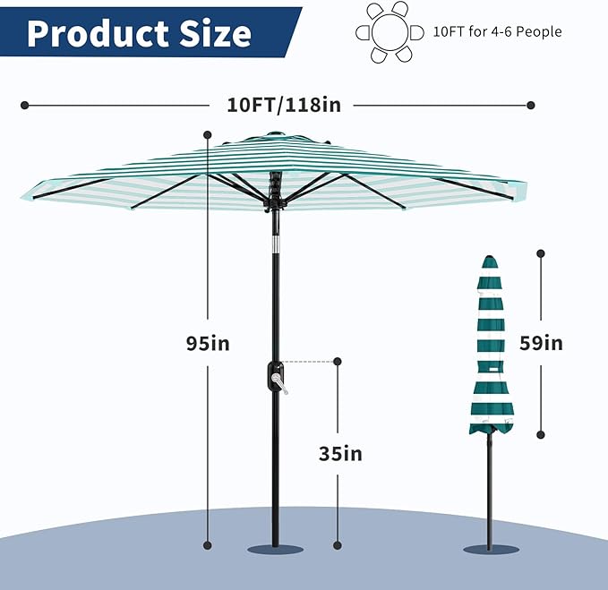 GarveeLife 10FT Patio Umbrella Outdoor, Table Umbrella with Push Button Tilt and Crank, 8 Sturdy Ribs UV Protection Waterproof for Garden, Pool, Market, Deck (Turquoise Blue & White Stripe)