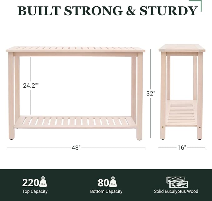 Premium 2-Tier Wooden Console Table with Storage Shelf Solid Eucalyptus Wood 48.03"x 16.14"x 31.1" Entryway Sofa Table for Hallway, Living Room (Whitewash)