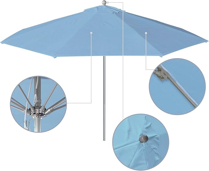 California Umbrella 11Ft Commercial Grade Sunbrella Fabric Market Umbrella, Pulley Lift, Aluminum/Fiberglass, 2mm pole wall, Silver Frame, Air Blue Fabric