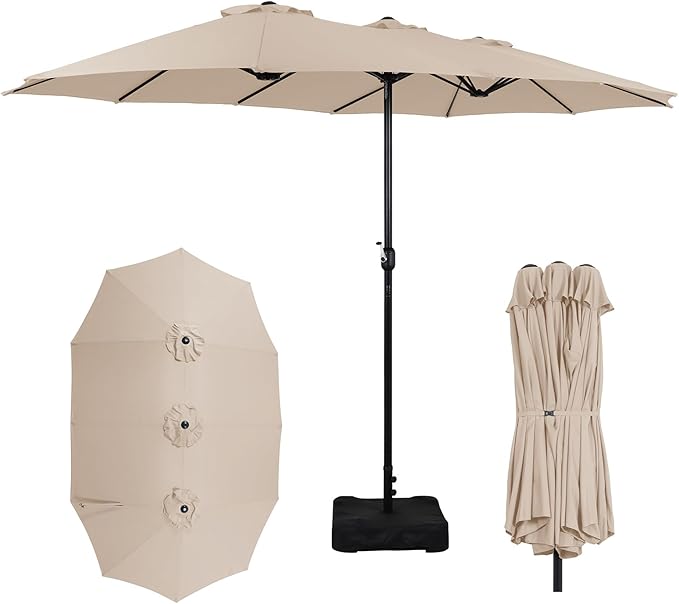 15FT Extra Large Patio Umbrella with Base Included, Heavy Duty Rectangle Outdoor Market Umbrella with 12 Strong Ribs for Patio, Garden, Lawn, Deck & Pool