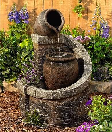 Two Jug 35" High Large Rustic Indoor Outdoor Decor Faux Stone Floor Fountain with Light LED Waterfall Cascading Standing Tiered Water Feature for Outside Garden Patio Yard Backyard - John Timberland