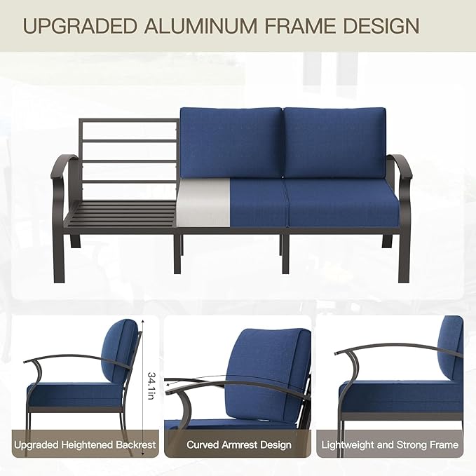 Aluminum Patio Furniture Set with Coffee Table,8 Seats Metal Modern Outdoor Furniture w/5.1" Thick Cushions,Patio Sectional w/Swivel Chairs for Patio,Backyard,Navy