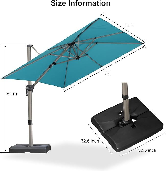 PURPLE LEAF Patio Umbrella with Base Included, 8ft Outdoor Aluminum Cantilever Umbrella with 360° Rotation, Champagne Offset Umbrella for Outdoor Garden Pool, Turquoise Blue