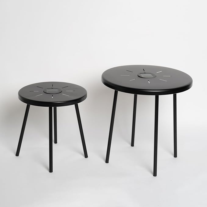 Solar Outdoor Side Table with Light Set of 2, Modern Round Patio Side Tables for Outside, Metal Outdoor End Accent Table for Living Room, Patio, Poolside, Backyard, Garden, Black
