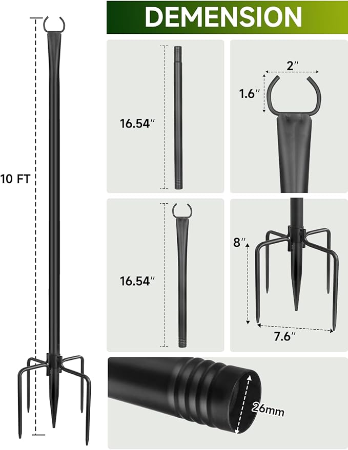 6 Pack String Light Poles for Outside, 10ft Metal Outdoor String Light Poles for Deck - Ideal for Patio, Garden, Yard, Front Porch Decorations, Black