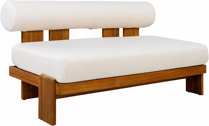 Christopher Knight Home Phobo Acacia Wood Outdoor Loveseat and Coffee Table Set, 2 Piece Patio Furniture Set with Cushion, Outdoor Conversation Set with Slatted Design for Backyard, Teak + Beige