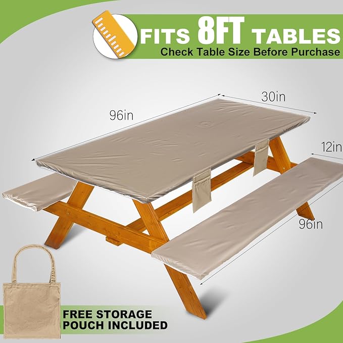 Picnic Table Cover with Bench Covers Vinyl Elastic Edges Fitted Rectangle Seat Tables Waterproof 3-Piece96X30in Set Outdoor Rectangular Folding Backing Tablecloth for Camping Over Size