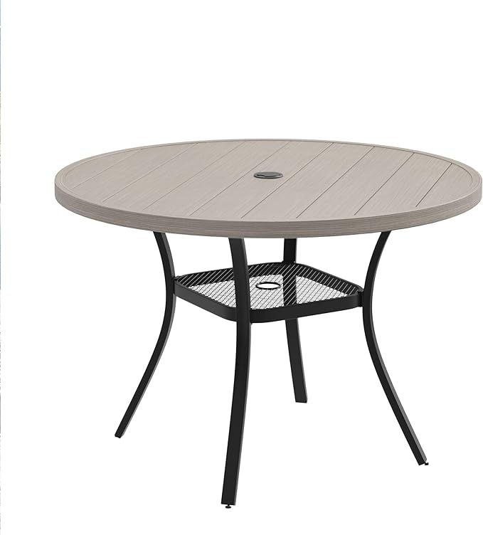 DIFY Outdoor Dining Table for 4, Round Patio Table with Umbrella Hole for Garden, Backyard and Porch (Grey)