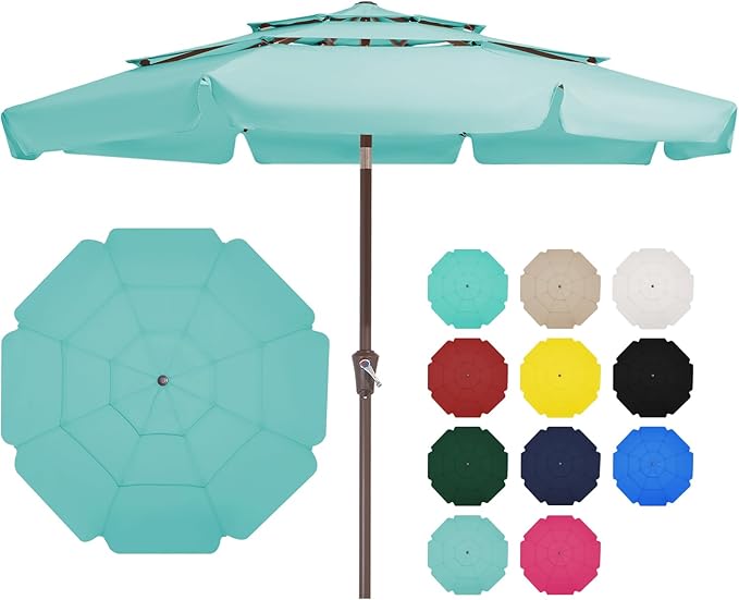 JEAREY 3 Tiers 9 FT Patio Umbrellas Outdoor Table Umbrella with Push Button Market Umbrella 8 Sturdy Ribs UV Protection Waterproof for Garden,Peacock Blue