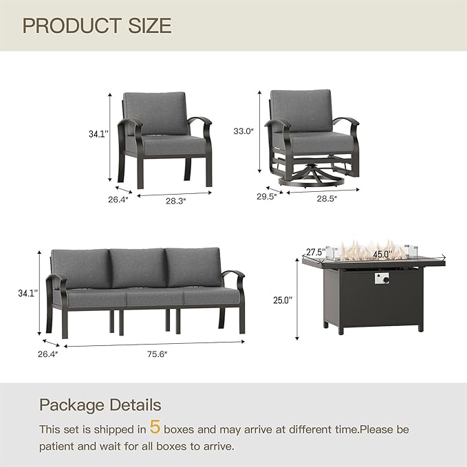 Aluminum Patio Furniture Set with 55,000 BTU Propane Fire Pit Table, 7 Seats Metal Modern Outdoor Furniture w/5.1" Cushions, Sectional w/Swivel Chairs for Backyard, Grey